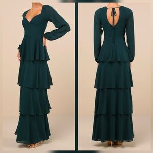 Lulus Flawless Excellence Emerald Tiered Long Sleeve Maxi Dress, Size Medium